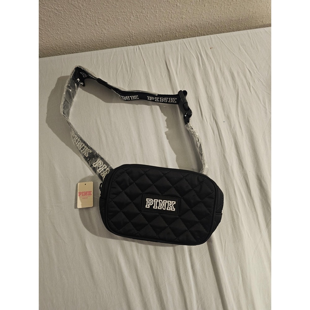 PINK Victoria's Secret Black Quilted Belt Bag Fanny Pack Logo Strap NEW